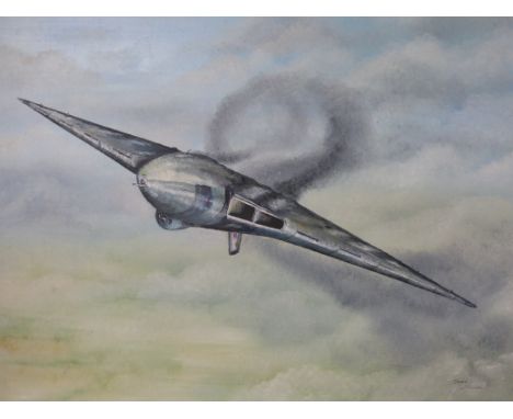 David Wilkinson: Oil on board military aviation painting "Vulcan Rolling" (49 x 59cm) 