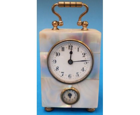 A small French alarm clock c1890 in abalone shell coated case, on bun feet