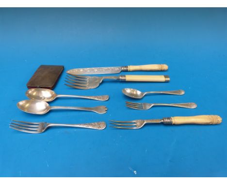 Two hallmarked silver christening sets comprising spoon and fork, another spoon, weight 142g, together with a hallmarked silv