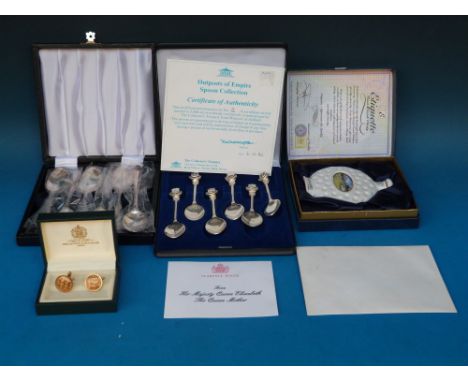 A pair of Football Association cufflinks together with a set of tea spoons with provenance from Queen Elizabeth, the Queen Mo