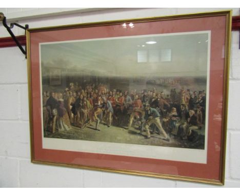 A large framed and glazed print after an engraving by Charles Wagstaffe, 'The Golfers'. 78cm x 104cm