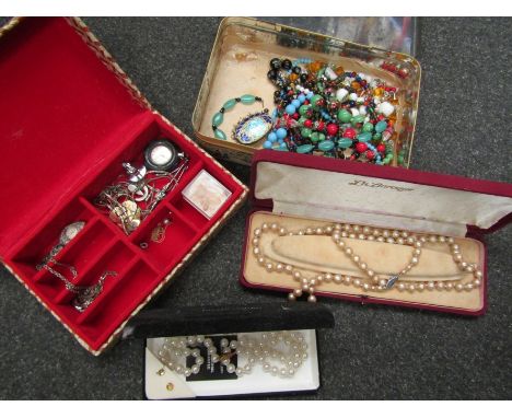 A box of necklaces including glass bead examples and two others with costume" jewellery and faux pearl necklace etc 