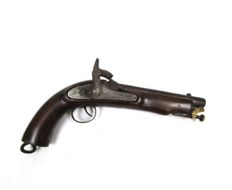 A 19th Century percussion pistol in the service style, with multiple stampings to the lock plate, oversized hammer, walnut wo