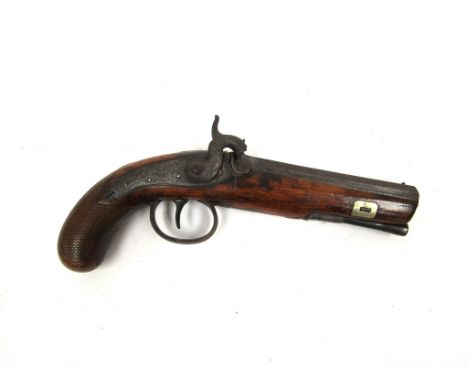 An early 19th Century percussion pistol, the lock plate and hammer engraved with scrolled foliage, faceted octagonal barrel, 