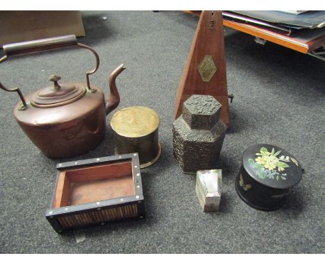A mother of pearl thimble box (a/f), a metronome, a porcupine quill  box, a copper miniature kettle, a papier mache cylindric