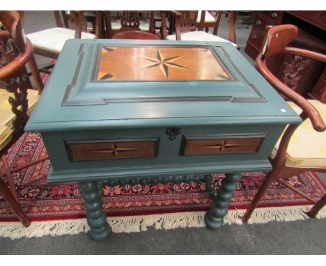A Jacobean and later painted Bible box, with marquetry detailing on a bobbin turned stand with stretcher base, 76cm x 73cm x 