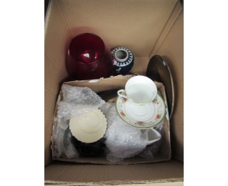 A box of mixed ceramics and glass including retro tea service and Oriental ginger jar etc 