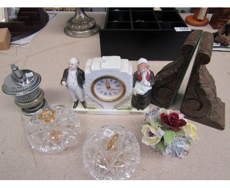 A ceramic Pickwick Papers figural clock holder, pair of glass dressing table pots, floral posy and Irish ceramic table lighte