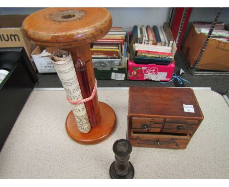 A treen marquetry miniature chest a wool bobbin thermometer and miniature candlestick (3)