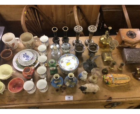 Six floral decorated coffee cups and saucers; various metalware; two commemorative mugs etc.