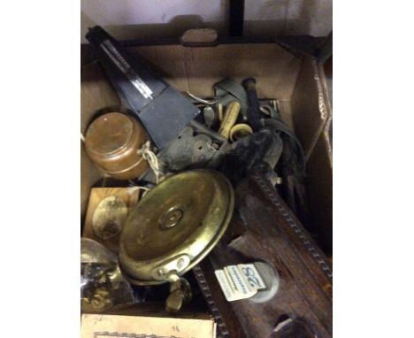 A box containing a metronome; an anniversary clock; an oak desk stand etc.