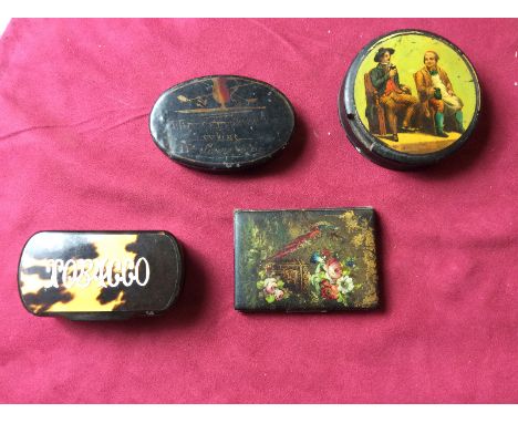 A 19th Century Toleware snuff box 'May Every Man Be What He Seems To Be' together with a Victorian papier mâché box; a tortoi