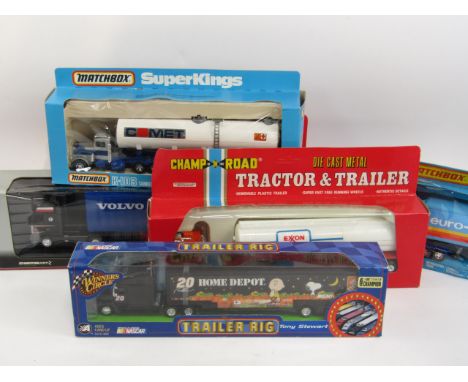 Various die cast vehicles, comprising lorries, Champ of the Road tractor and trailer, other die cast metal sets, Matchbox Sup