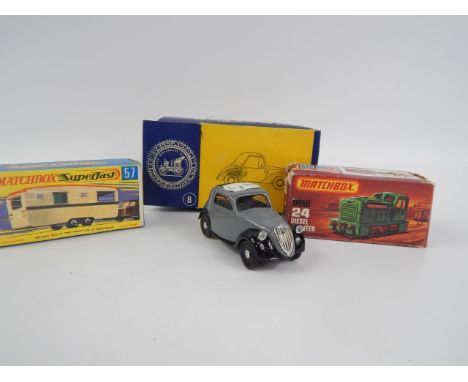 A Matchbox diecast vehicle Superfast trailer caravan, No 57, and Matchbox 75 24 diesel shunter, and a Fiat 500A Topolino 1936