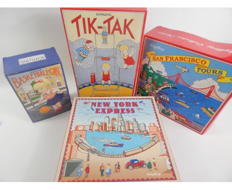 Various reproduction Schylling tin plate toys, to include baskeball girl, Tik-Tak acrobats, San Francisco Tours and New York 