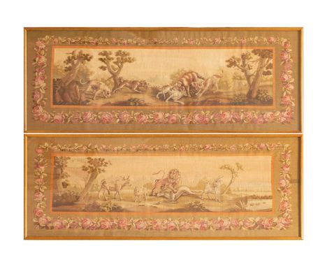 A pair of Aubusson tapestry frieze panels, late 19th/early 20th century, each woven with combative whimsical animals includin