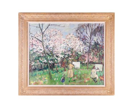 Llewellyn Petley Jones (1908-1986) Welsh, Painters in an Orchard, signed 'Petley' (lower left), oil on canvas, image 62 cm x 