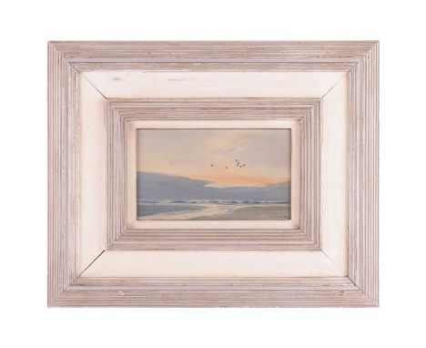 Sir Peter Scott (1909-1989), Wild Ducks in Flight at Sunset, signed and dated 'Peter Scott 1936' (lower right), inscribed on 
