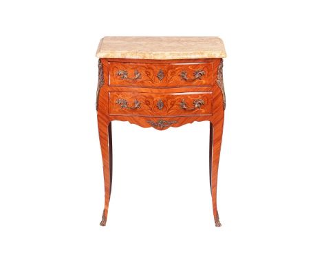 A Louis-style marble-topped Kingwood petite bombe commode, 20th century, with decorative floral marquetry and fitted two frie