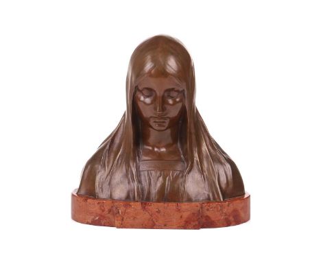Hans Muller (1873-1937), an Arts and Crafts style patinated bronze bust of a lady, in medieval European costume with downcast
