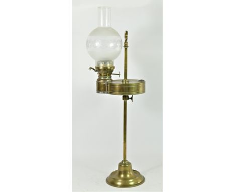 An Edwardian brass N.E.R Co desk lamp, with applied floral detail glass shade, stamped to base, 62cm 