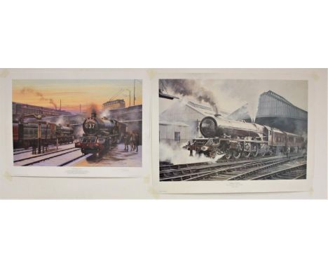Two unframed railway prints, When Steam was King by Eric Bottomley, 43 x 61cm and Pause at Rugby by Jim Petrie 50 x 70 cm 