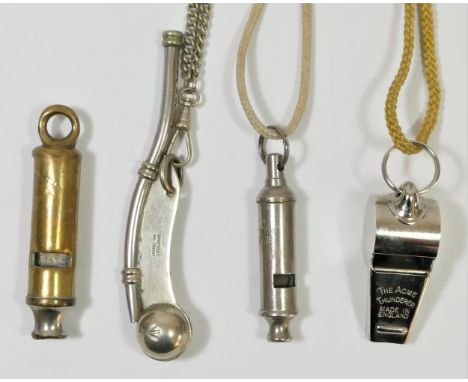 A Naval bosun's whistle, broad arrow stamp, Made in England, chain, an Acme Thunderer whistle, an Aceme Guide whistle and a T