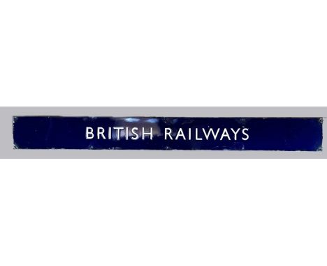 A dark blue enamel (B.R/E) British Railways poster board header, 15 x 135cm 