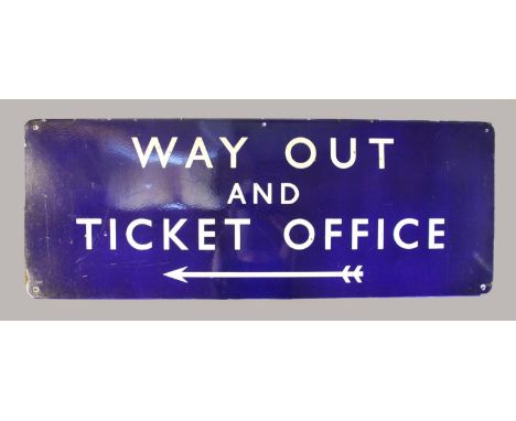 An enamel dark blue B.R. (E) 'Way Out and  Ticket Office' fully flanged sign, 45 x 122 cm 