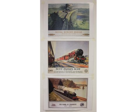 Three unframed railway poster prints, Scot passes Scot (L.M.S), 100 Years of Progress (G.W.R) and Royal Border Bridge (B.R), 