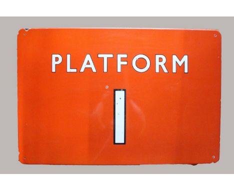 An enamel tangerine B.R. (N.E.R.) 'platform 1' fully flanged sign, 61 x 92 cm 