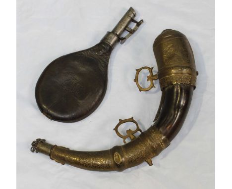 A late 18th/ early 19th century powder flask with leather powder bag and metal dispenser, together with a brass-mounted horn 