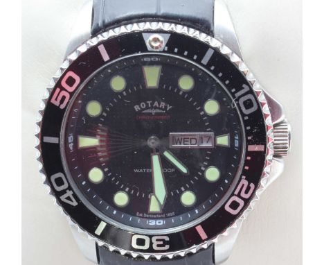A gents Rotary quartz diving wristwatch, the black dial with luminous hour markers and hands, day-date aperture and rotating 