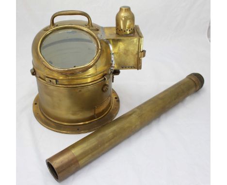 A 'W. OTTWAY & CO. 1943 PATT. 1132' brass telescope together with a 'Patt. 183' brass binnacle compass external housing (Lack