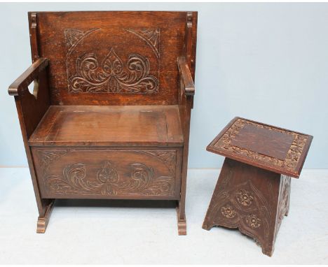 A late 19th Century oak narrow monks bench, 76cm, together with a Victorian carved oak square top stool, the hinged top openi