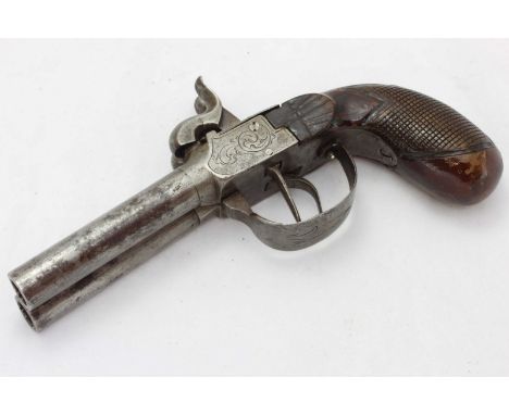 A 19th century 70-bore double-barrel twin-hammer boxlock percussion pocket pistol, 2 7/8-inch twist off barrels with London p