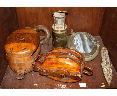 Two wooden Ships blocks/pulleys, one with engraved Broad arrow mark, together with a Oldham 900-4090 brass miners lamp, a bra