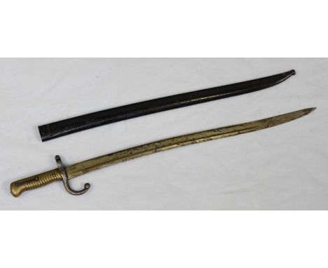 A French pattern Chassepot bayonet, 22.5-inch yataghan fullered blade with various proof marks, ribbed brass handle and blued