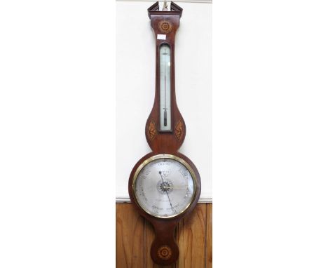 A 19th century mercury wheel barometer and thermometer by "Smyth", mahogany case with inlaid floral and conch shell decoratio