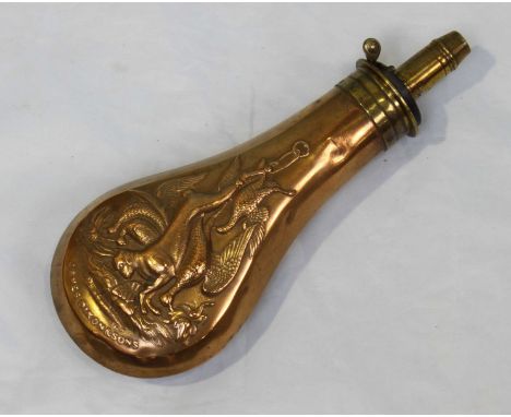 A Dixon's Patent powder flask, with copper body embossed to one side with hanging gamebirds and a hare, 3-measure brass dispe