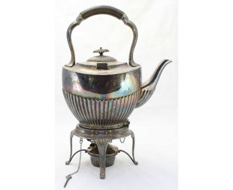 A Silver plated kettle on hinged stand with detachable heater lamp, impressed mark to base for William Hutton and sons