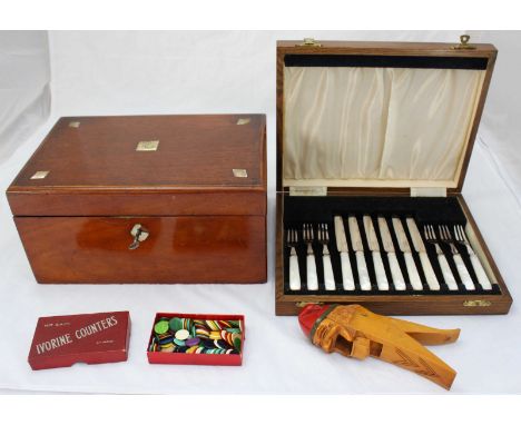 An early 20th century Mahogany writing slope with mother of pearl inlay to escutcheon and top, together with a silver plated 
