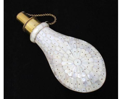 Anglo-Indian powder flask of typical balloon form with brass dispenser, the body finely mounted with mother-of-pearl shaped t