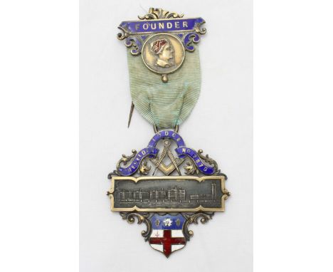 A Silver Masonic founder's jewel medal, Cheselden Lodge no 2870, the front decorated with enamel work and an engraved scene o