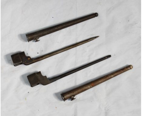 Two WW2 Lee Enfield No.4 Mk II stiletto 'Pig Stick' bayonets and scabbards, (one with rounded-off tip) 8" blade