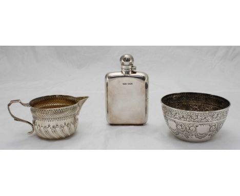 A Silver Edwardian hip flask hallmarked Sheffield 1901, by James Dixon and sons, together with a Silver sugar bowl and milk j