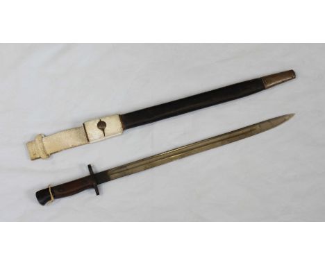 A British 1907 pattern bayonet, 17-inch single-edged fullered blade, metal-mounted leather scabbard and belt webbing