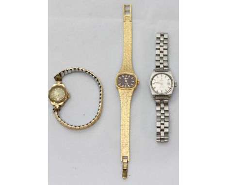 A ladies 9ct gold cased cocktail watch on expanding strap, together with a ladies Tissot automatic wristwatch and a ladies Se