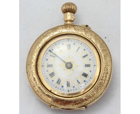 A 14ct gold fob watch, the back decorated with enamel depicting a church scene, enamel dial with Roman Numerals showing hours
