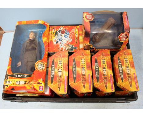 A group of 11 Dr Who items, comprising five large action figures, including the Doctor and Clockwork Man, the Satan pit set, 